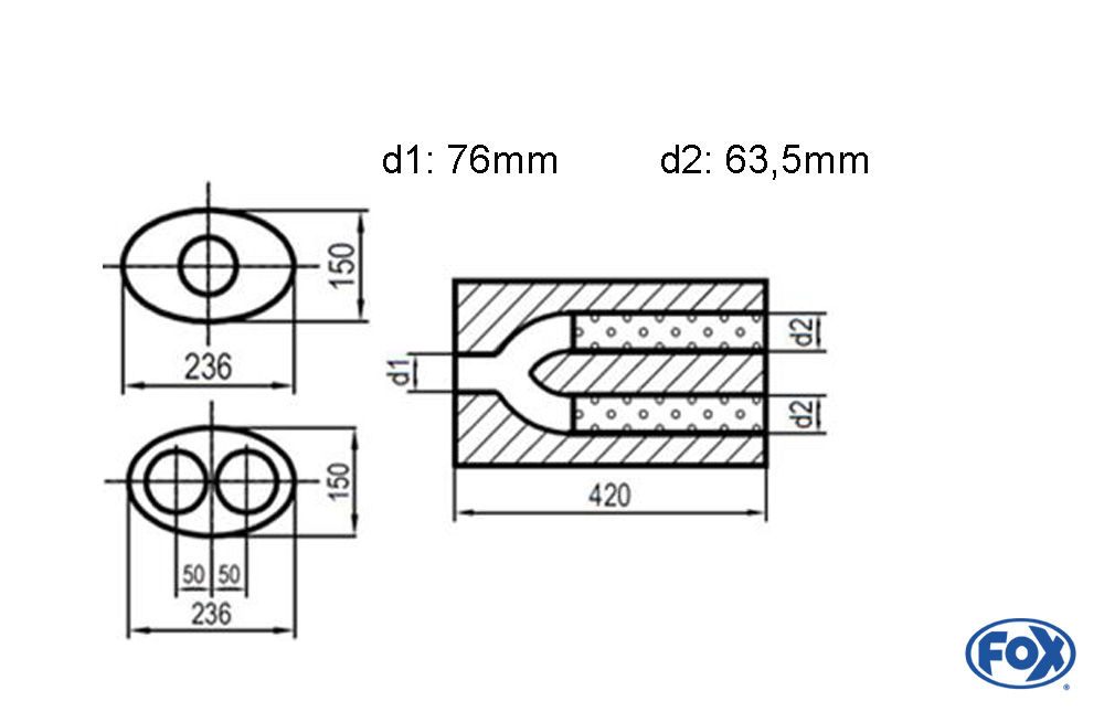 Uni-Schalldämpfer oval zweiflutig mit Hose - Abwicklung 618 236x150mm, d1Ø 76mm außen - d2Ø 2x63,5mm außen, Länge: 420mm