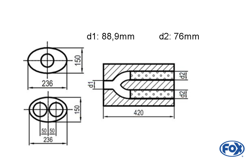 Uni-Schalldämpfer oval zweiflutig mit Hose - Abwicklung 618 236x150mm, d1Ø 88,9mm außen - d2Ø 2x76mm außen, Länge: 420mm