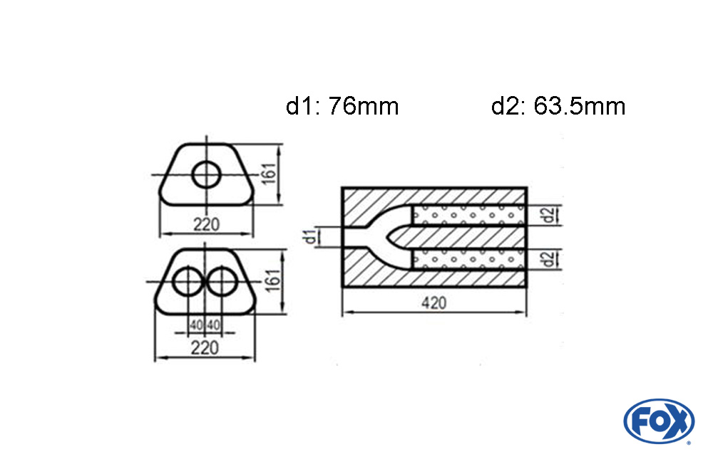 Uni-Schalldämpfer trapezoid zweiflutig mit Hose - Abw. 644 220x161mm, d1Ø 76mm  d2Ø 63,5mm, Länge: 420mm