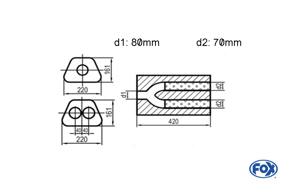 Uni-Schalldämpfer trapezoid zweiflutig mit Hose - Abw. 644 220x161mm, d1Ø 80mm  d2Ø 70mm, Länge: 420mm