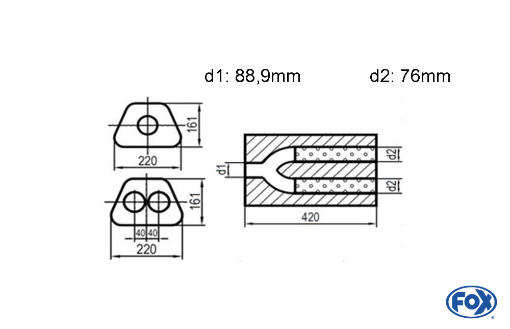 Uni-Schalldämpfer trapezoid zweiflutig mit Hose - Abwicklung 220x161mm, d1: 88,9mm, d2: 76mm - Länge: 420mm