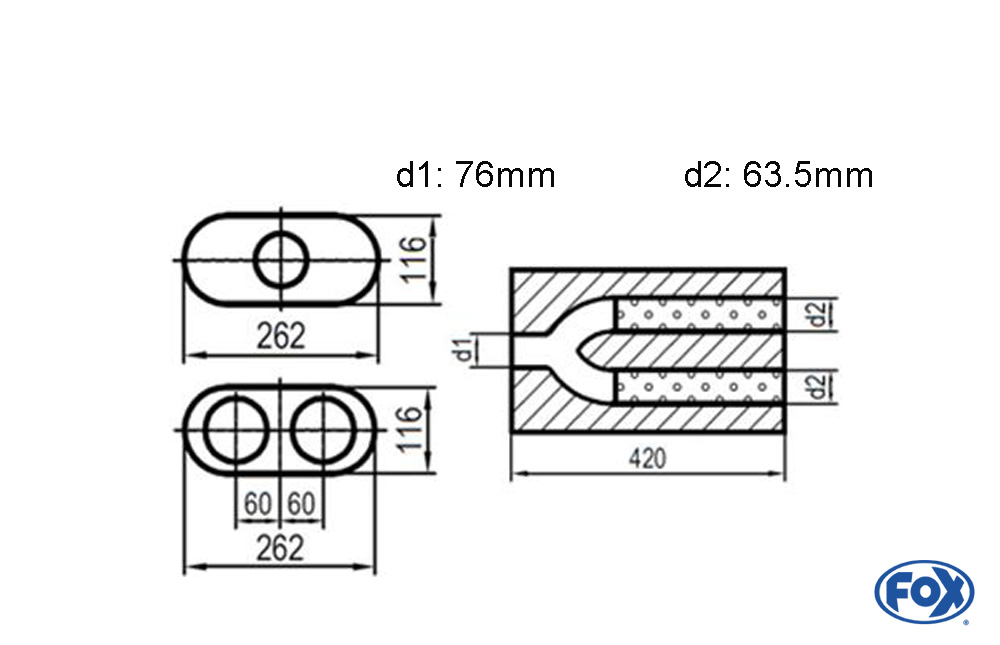 Uni-Schalldämpfer oval zweiflutig mit Hose - Abwicklung 650 262x116mm, d1Ø 76mm  d2Ø 63,5mm, Länge: 420mm