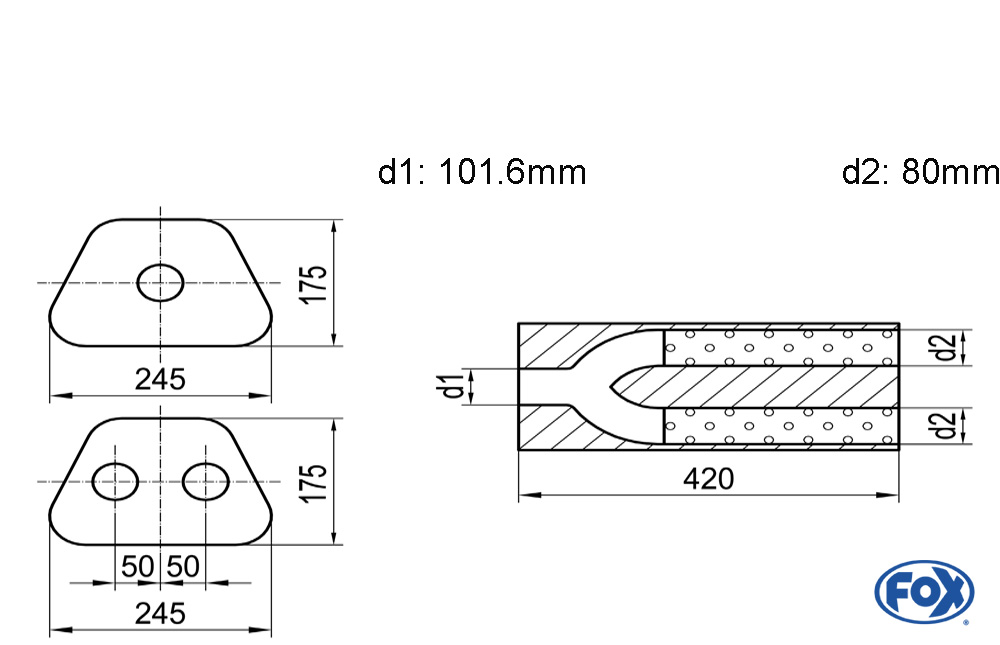 Uni-Schalldämpfer trapezoid zweiflutig mit Hose - Abw. 711 245x175mm, d1Ø 101,6mm außen/ d2Ø 2x80mm außen - Länge: 420mm
