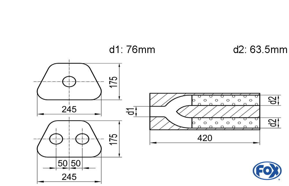 Uni-Schalldämpfer trapezoid zweiflutig mit Hose - Abw. 711 245x175mm, d1Ø 76mm  d2Ø 63,5mm, Länge: 420mm