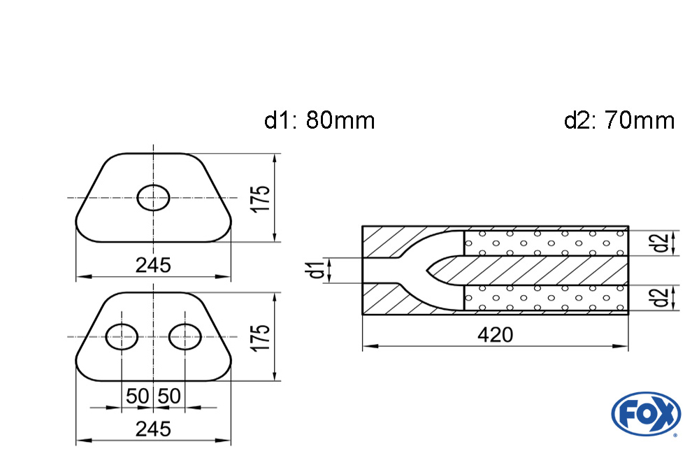 Uni-Schalldämpfer trapezoid zweiflutig mit Hose - Abw. 711 245x175mm, d1Ø 80mm  d2Ø 70mm, Länge: 420mm
