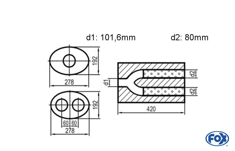 Uni-Schalldämpfer oval zweiflutig mit Hose - Abwicklung 754 278x192mm, d1Ø 101,6mm  d2Ø 80mm, Länge: 420mm