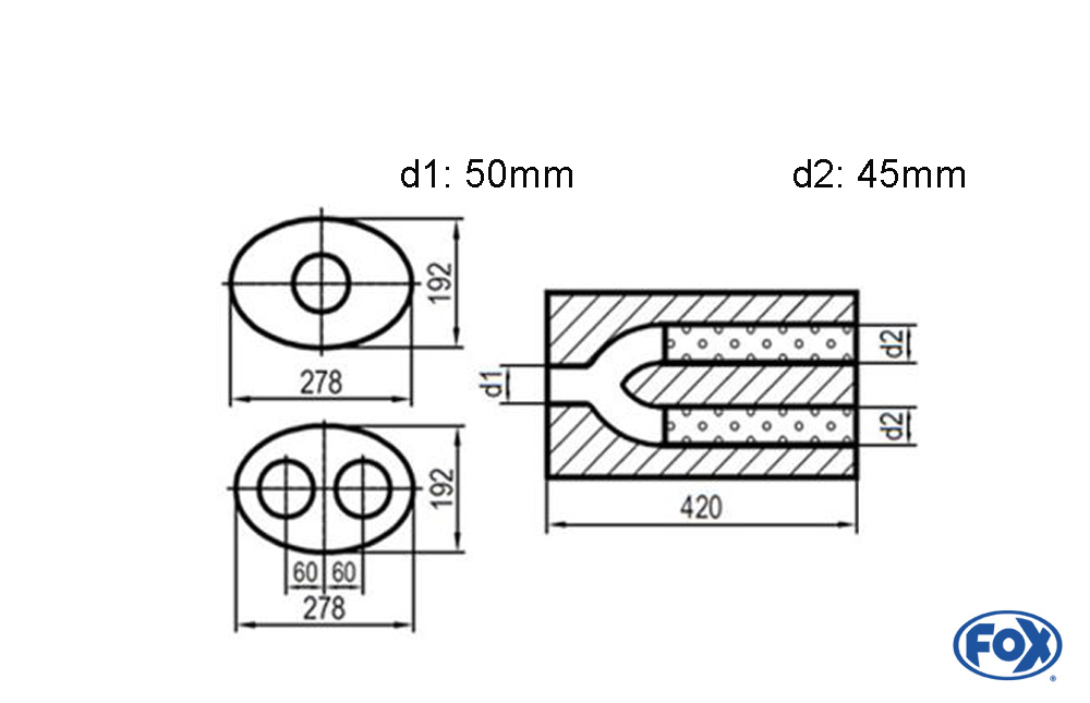 Uni-Schalldämpfer oval zweiflutig mit Hose - Abwicklung 754 278x192mm, d1Ø 50mm  d2Ø 45mm, Länge: 420mm