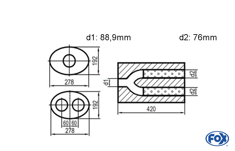 Uni-Schalldämpfer oval zweiflutig mit Hose - Abwicklung 754 278x192mm, d1Ø 88,9mm  d2Ø 76 mm, Länge: 420mm