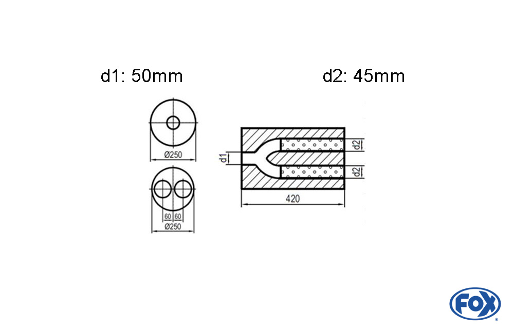 Uni-Schalldämpfer rund zweiflutig mit Hose - Abwicklung 784 Ø 250mm, d1: 50mm, d2: 45mm innen - Länge: 420mm -Ø250mm