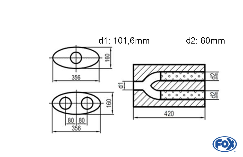 Uni-Schalldämpfer oval zweiflutig mit Hose - Abwicklung 818 356x160mm, d1Ø 101,6mm  d2Ø 80mm, Länge: 420mm