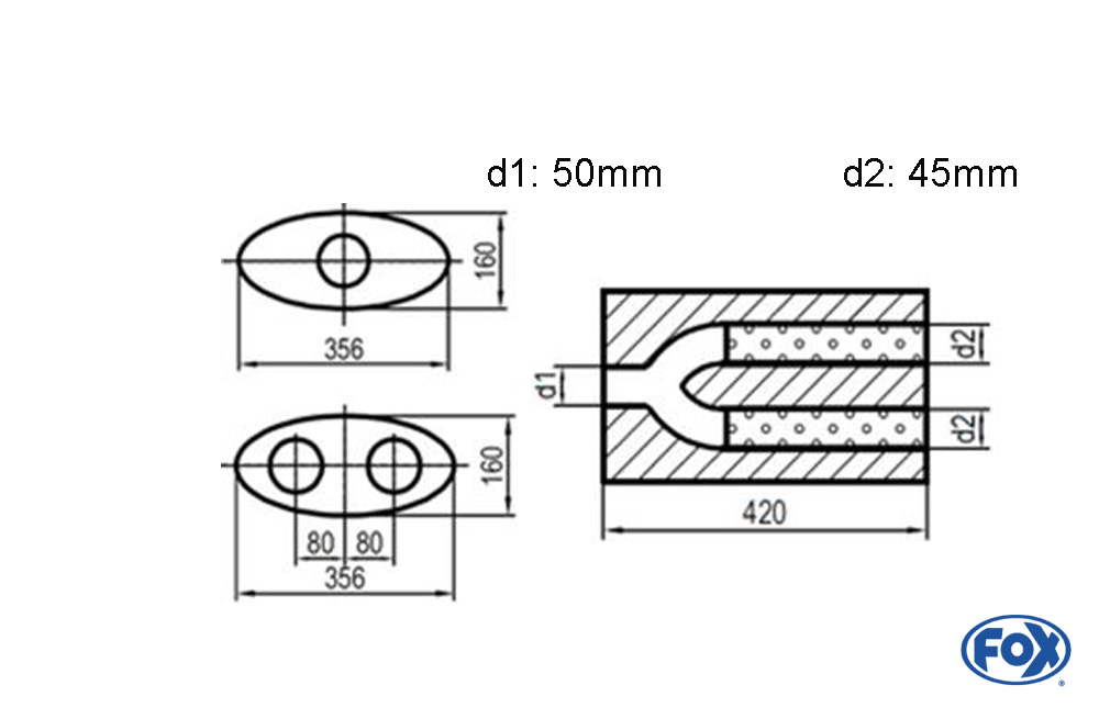 Uni-Schalldämpfer oval zweiflutig mit Hose - Abwicklung 818 356x160mm, d1Ø 50mm  d2Ø 45mm, Länge: 420mm