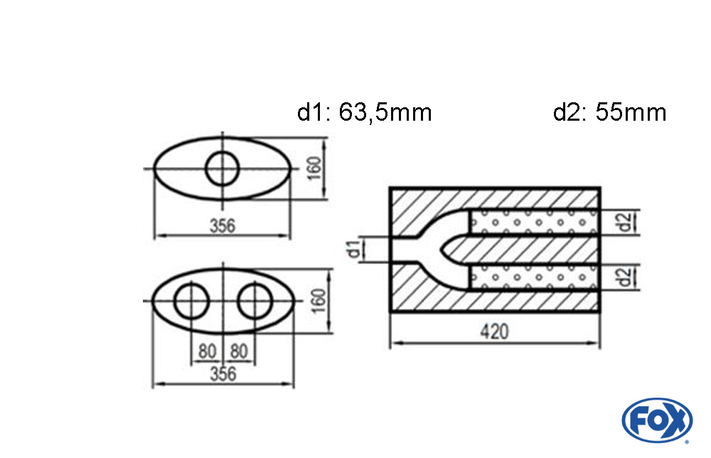 Uni-Schalldämpfer oval zweiflutig mit Hose - Abwicklung 818 356x160mm, d1Ø 63,5mm  d2Ø 55mm, Länge: 420mm