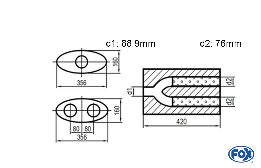 Uni-Schalldämpfer oval zweiflutig mit Hose - Abwicklung 818 356x160mm, d1Ø 88mm  d2Ø 76mm, Länge: 420mm