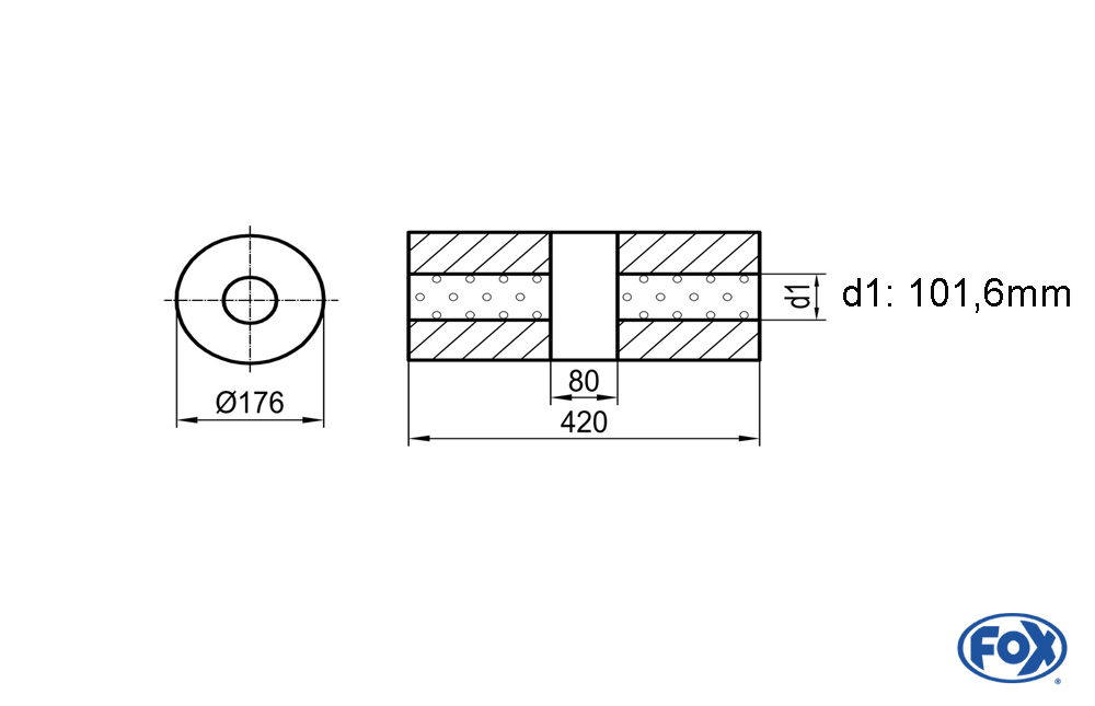 Uni-Schalldämpfer rund ohne Stutzen mit Kammer - Abw. 556 Ø 176mm, d1Ø101,6mm (außen), Länge: 420mm