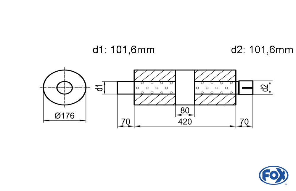 Uni-Schalldämpfer rund mit Kammer + Stutzen - Abw. 556 Ø 176mm, d1Ø 101,6mm (außen), d2Ø 101,6mm (innen), Länge: 420mm
