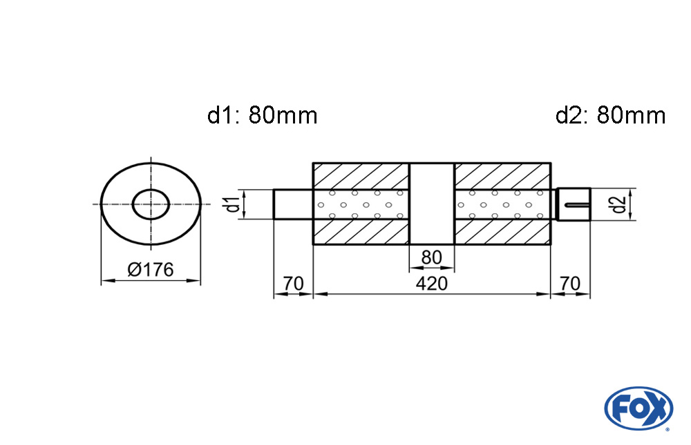 Uni-Schalldämpfer rund mit Kammer + Stutzen - Abw. 556 Ø 176mm, d1Ø 80mm (außen), d2Ø 80mm (innen), Länge: 420mm