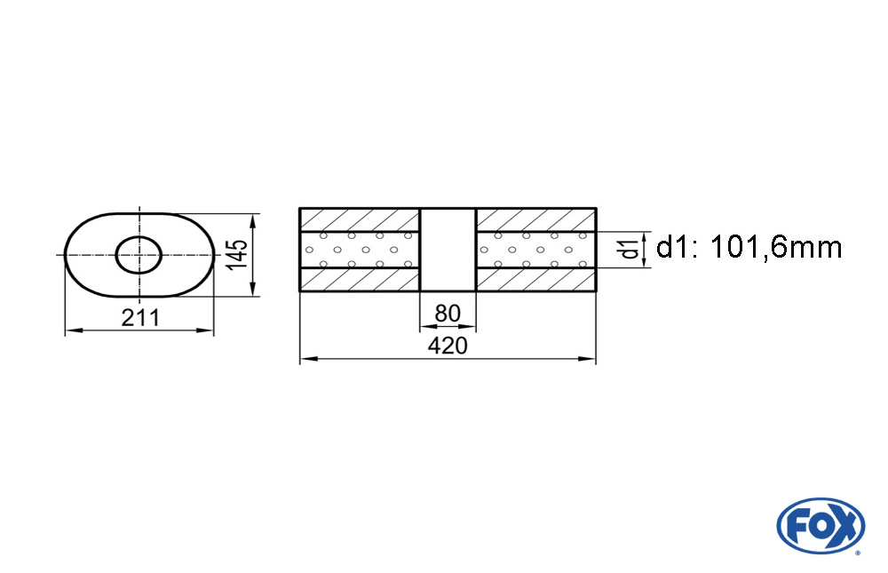 Uni-Schalldämpfer Oval ohne Stutzen mit Kammer - Abw. 585 211x145mm, d1Ø 101,6mm (außen), Länge: 420mm