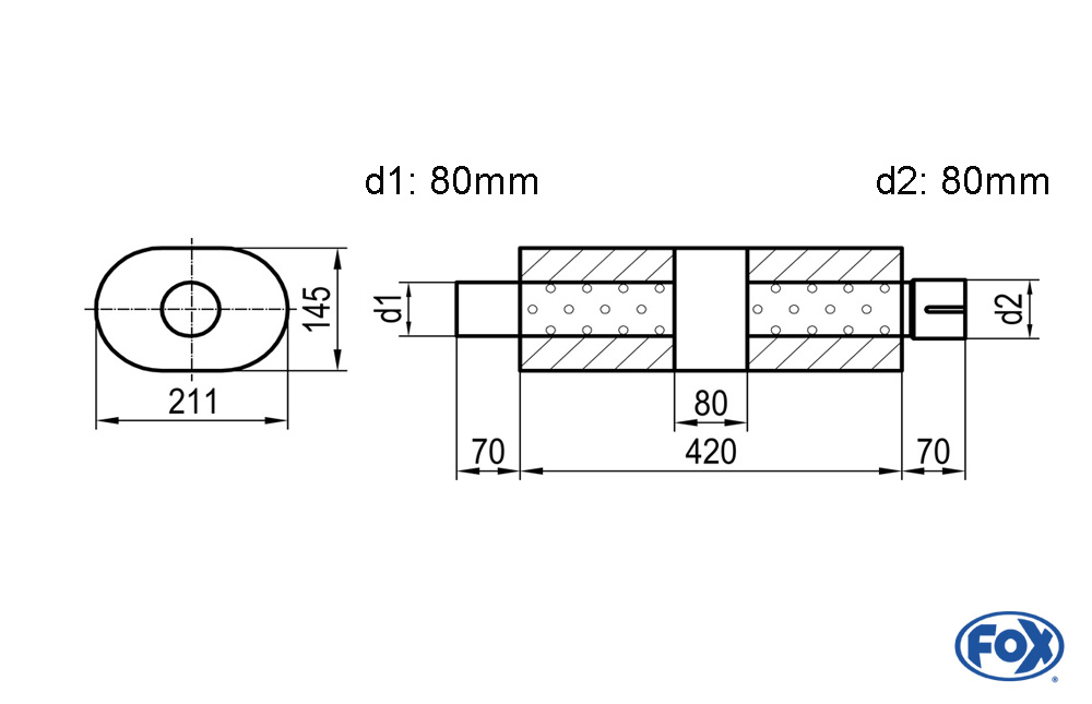 Uni-Schalldämpfer Oval mit Kammer + Stutzen - Abw. 585 211x145, d1Ø 80mm (außen), d2Ø 80mm (innen), Länge: 420mm