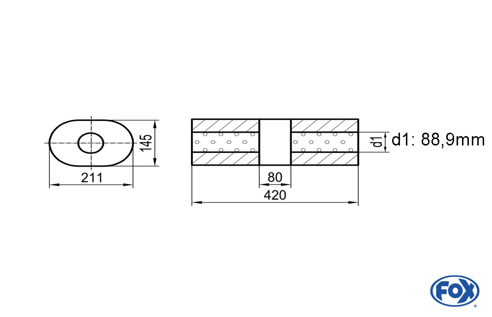 Uni-Schalldämpfer Oval ohne Stutzen mit Kammer - Abw. 585 211x145mm, d1Ø 88,9mm (außen), Länge: 420mm