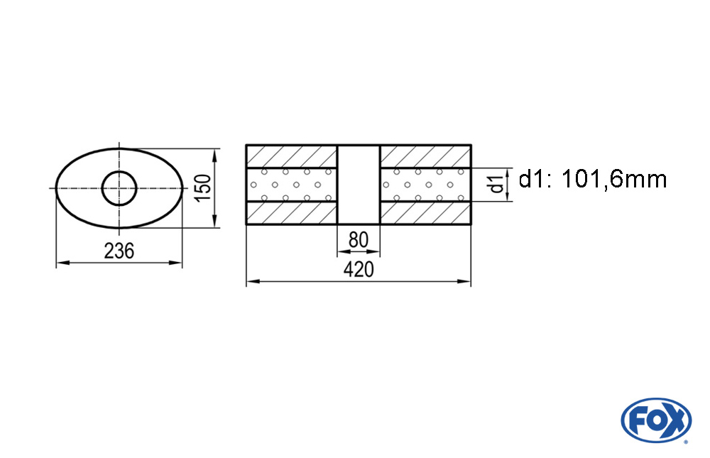 Uni-Schalldämpfer oval ohne Stutzen mit Kammer - Abw. 618 236x150mm, d1Ø 101,6mm, Länge: 420mm
