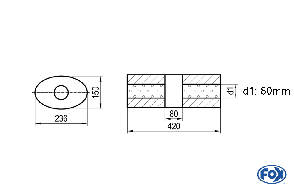 Uni-Schalldämpfer oval ohne Stutzen mit Kammer - Abw. 618 236x150, d1Ø 80mm (außen), Länge: 420mm