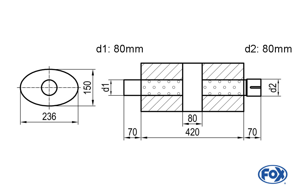 Uni-Schalldämpfer oval mit Kammer + Stutzen - Abw. 618 236x150, d1Ø 80mm (außen) d2Ø 80mm (innen), Länge: 420mm