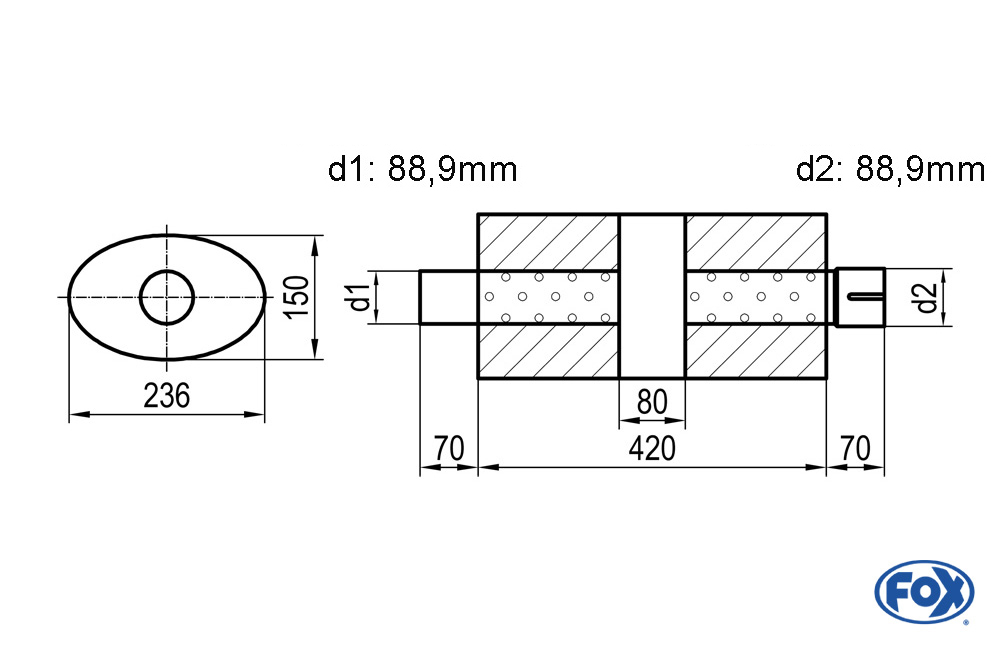 Uni-Schalldämpfer oval mit Kammer + Stutzen - Abw. 618 236x150mm, d1Ø 88,9mm (außen) d2Ø 88,9mm (innen), Länge: 420mm
