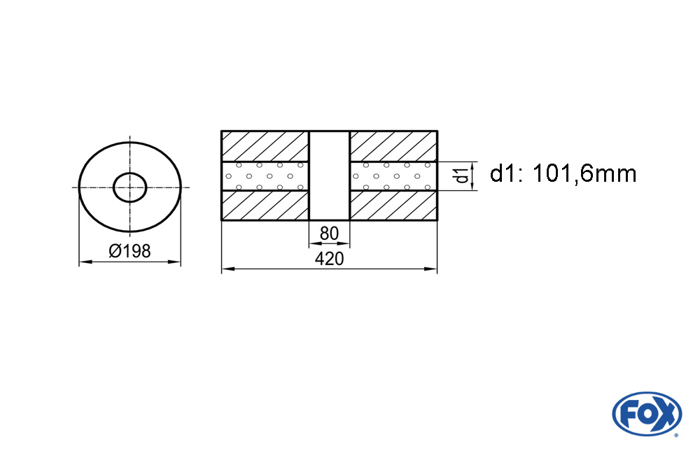 Uni-Schalldämpfer rund ohne Stutzen mit Kammer - Abw. 626 Ø 198mm, d1Ø 101,6mm (außen), Länge: 420mm