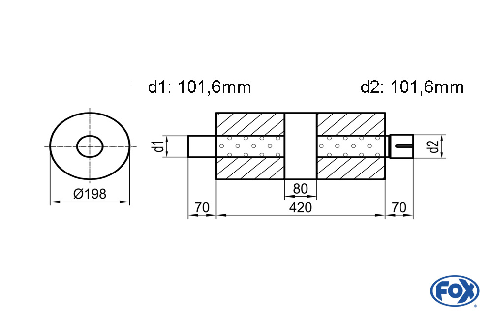 Uni-Schalldämpfer rund mit Kammer + Stutzen - Abw. 626 Ø 198mm, d1Ø 101mm (außen)  d2Ø 101mm (innen) , Länge: 420mm