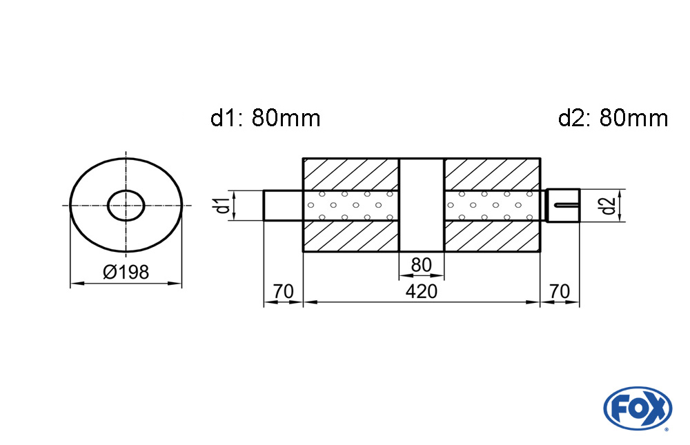 Uni-Schalldämpfer rund mit Kammer + Stutzen - Abw. 626 Ø 198mm, d1Ø 80mm (außen)  d2Ø 80mm (innen), Länge: 420mm