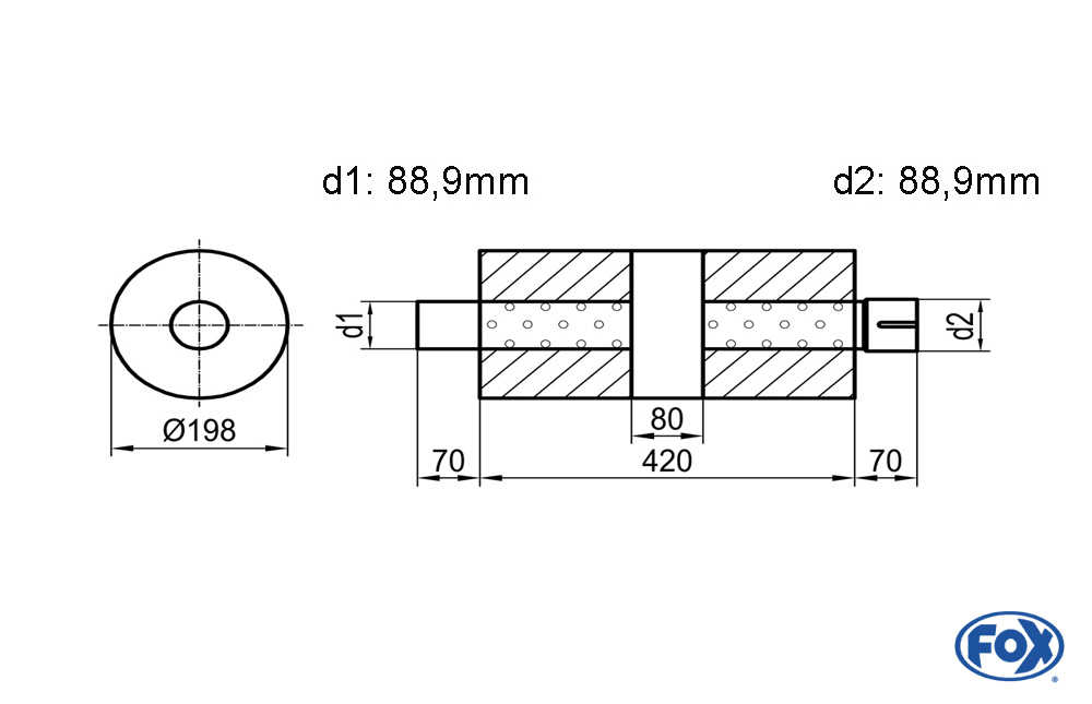 Uni-Schalldämpfer rund mit Kammer + Stutzen - Abw. 626 Ø 198mm, d1Ø 88,9mm (außen)  d2Ø 88,9mm (innen), Länge: 420mm