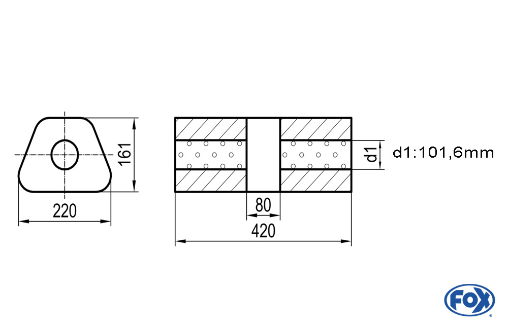 Uni-Schalldämpfer trapez ohne Stutzen mit Kammer - Abw. 644 220x161mm, d1Ø 101,6mm, Länge: 420mm