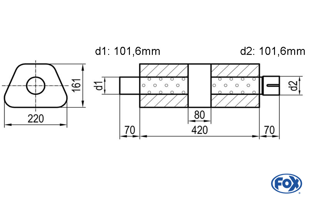 Uni-Schalldämpfer trapez mit Kammer + Stutzen - Abw. 644 220x161mm, d1Ø 101,6mm (außen), d2Ø 101,6mm (innen), Länge: 420mm
