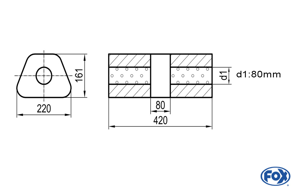 Uni-Schalldämpfer trapez ohne Stutzen mit Kammer - Abw. 644 220x161mm, d1Ø 80mm, Länge: 420mm