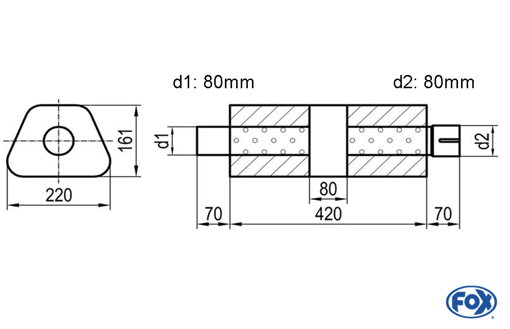 Uni-Schalldämpfer trapez mit Kammer + Stutzen - Abw. 644 220x161mm, d1Ø 80mm (außen), d2Ø 80mm (innen), Länge: 420mm