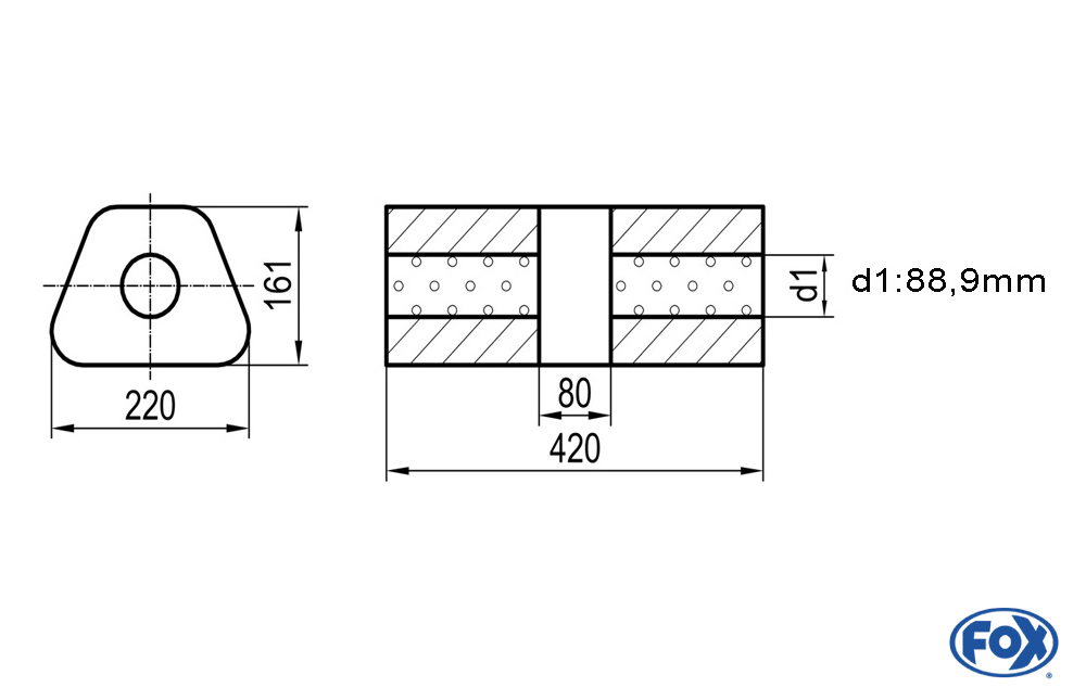 Uni-Schalldämpfer trapez ohne Stutzen mit Kammer - Abw. 644 220x161mm, d1Ø 88,9mm, Länge: 420mm