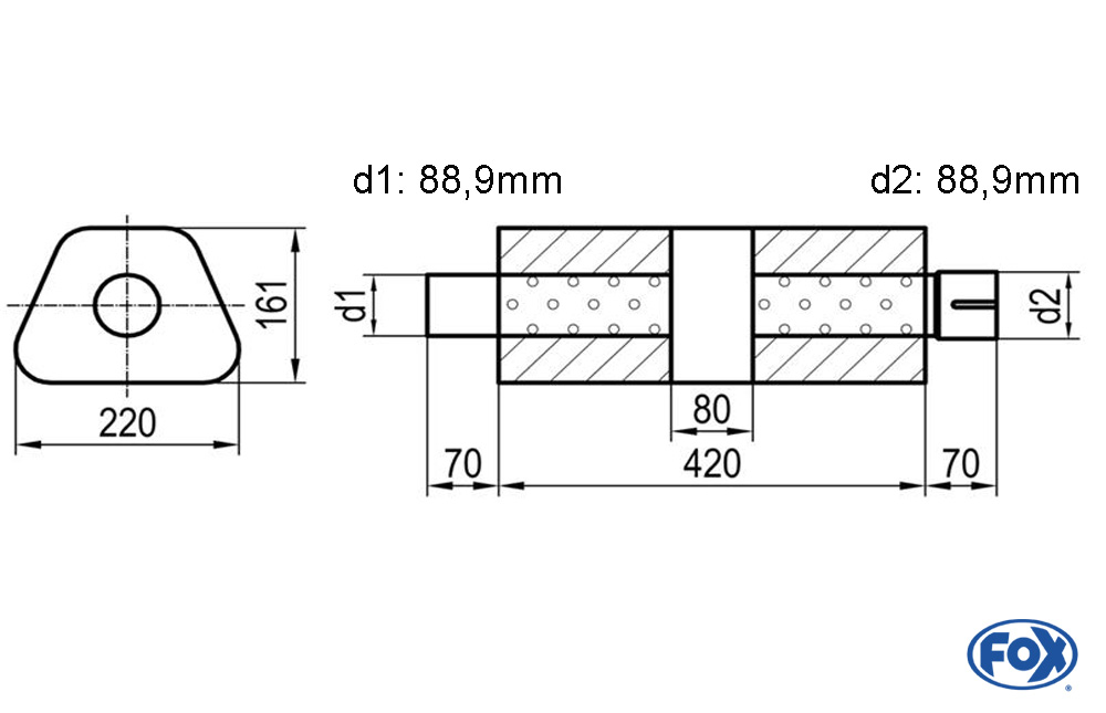 Uni-Schalldämpfer trapez mit Kammer + Stutzen - Abw. 644 220x161mm, d1Ø 88,9mm (außen), d2Ø 88,9mm (innen), Länge: 420mm