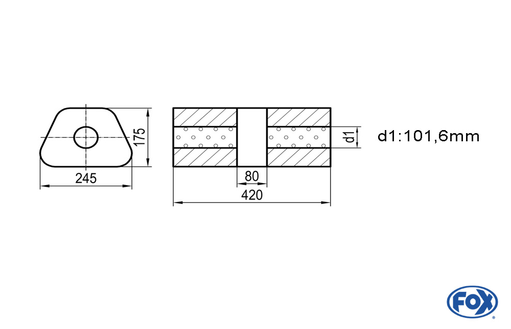 Uni-Schalldämpfer trapez ohne Stutzen mit Kammer - Abw. 711 245x175mm, d1Ø 101,6mm, Länge: 420mm