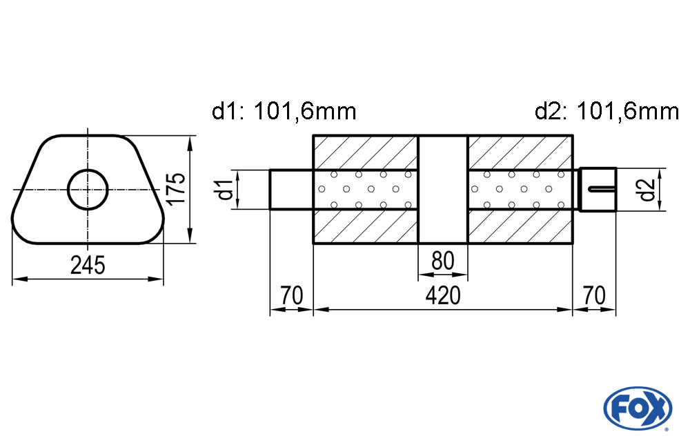 Uni-Schalldämpfer trapez mit Kammer + Stutzen - Abw. 711 245x175mm, d1Ø 101,6mm (außen), d2Ø 101,6mm (innen), Länge: 420mm
