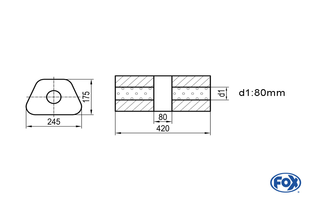 Uni-Schalldämpfer trapez ohne Stutzen mit Kammer - Abw. 711 245x175mm, d1Ø 80mm, Länge: 420mm