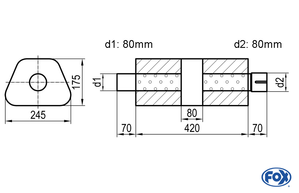 Uni-Schalldämpfer trapez mit Kammer + Stutzen - Abw. 711 245x175mm, d1Ø 80mm (außen), d2Ø 80mm (innen), Länge: 420mm