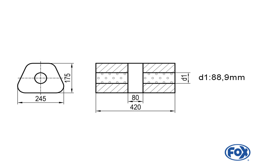 Uni-Schalldämpfer trapez ohne Stutzen mit Kammer - Abw. 711 245x175mm, d1Ø 88,9mm, Länge: 420mm