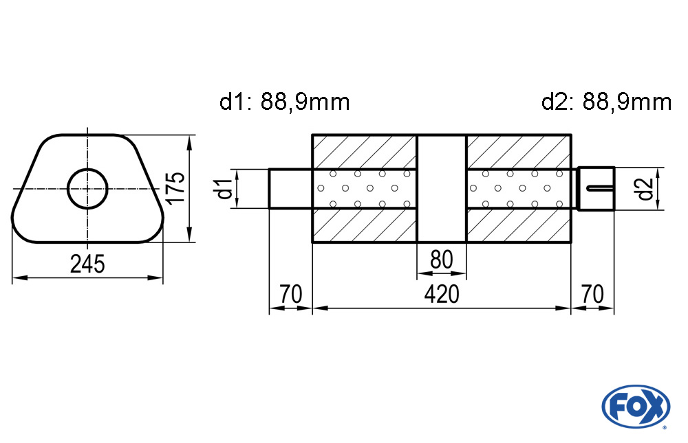 Uni-Schalldämpfer trapez mit Kammer + Stutzen - Abw. 711 245x175mm, d1Ø 88,9mm (außen), d2Ø 88,9mm (innen), Länge: 420mm