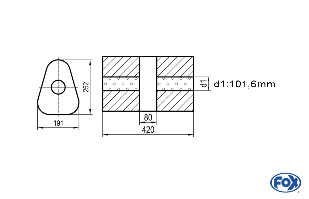 Uni-Schalldämpfer dreieck ohne Stutzen mit Kammer - Abw. 725 191x252mm, d1Ø 101,6mm, Länge: 420mm
