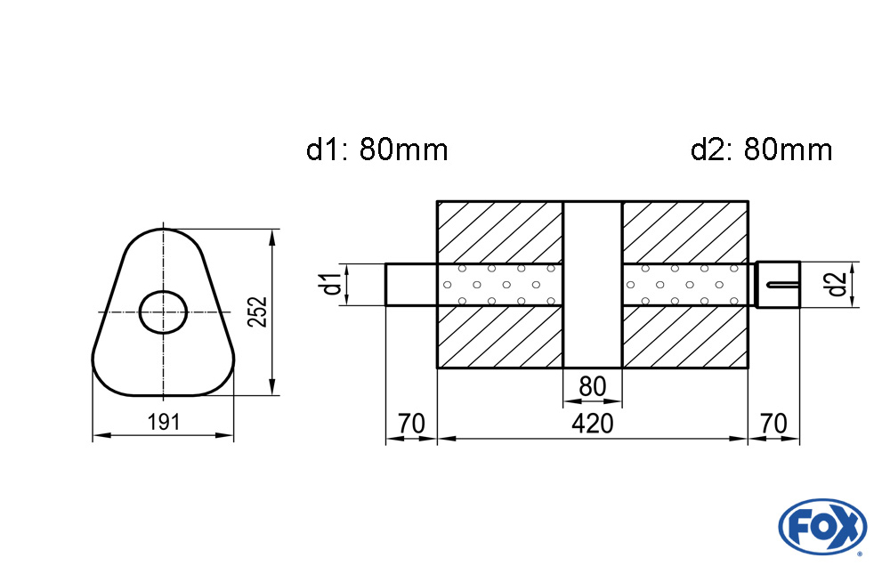 Uni-Schalldämpfer dreieck mit Kammer + Stutzen - Abw. 725 191x252mm, d1Ø 80mm (außen), d2Ø 80mm (innen), Länge: 420mm