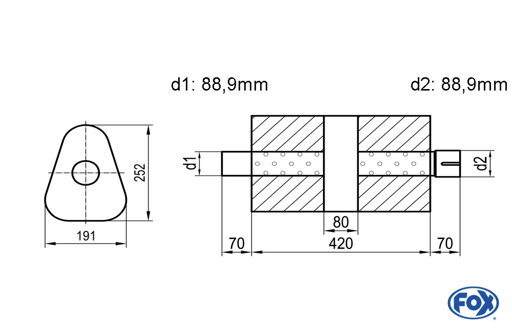 Uni-Schalldämpfer dreieck mit Kammer + Stutzen - Abw. 725 191x252mm, d1Ø 88,9mm (außen), d2Ø 88,9mm (innen), Länge: 420mm