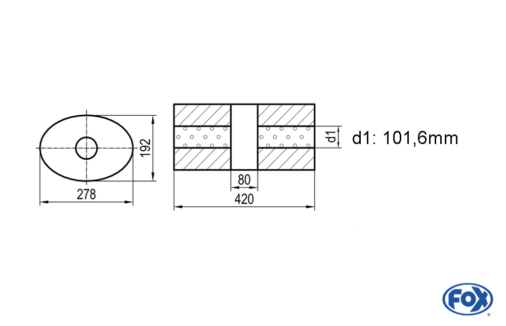 Uni-Schalldämpfer oval ohne Stutzen mit Kammer - Abw. 754 278x192mm, d1Ø 101,6mm, Länge: 420mm