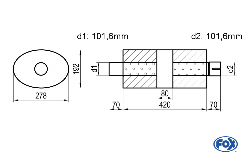 Uni-Schalldämpfer oval mit Kammer + Stutzen - Abw. 754 278x192mm, d1Ø 101,6mm (außen), d2Ø 101,6mm (innen), Länge: 420mm