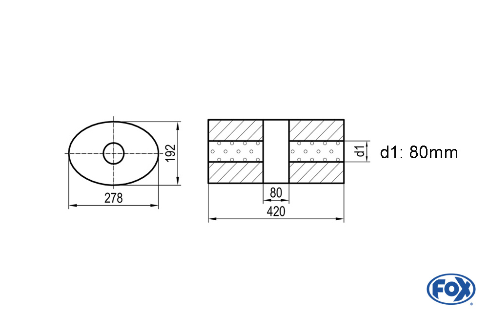 Uni-Schalldämpfer oval ohne Stutzen mit Kammer - Abw. 754 278x192mm, d1Ø 80mm, Länge: 420mm