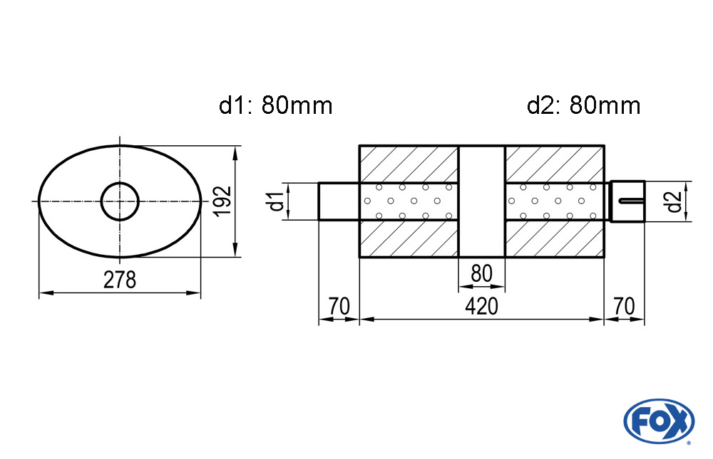 Uni-Schalldämpfer oval mit Kammer + Stutzen - Abw. 754 278x192mm, d1Ø 80mm (außen), d2Ø 80mm (innen), Länge: 420mm